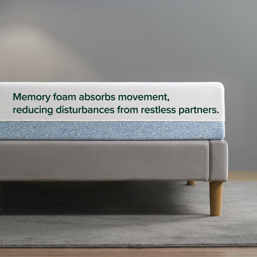 Side view of the Zinus Original Green Tea mattress with motion isolation callout