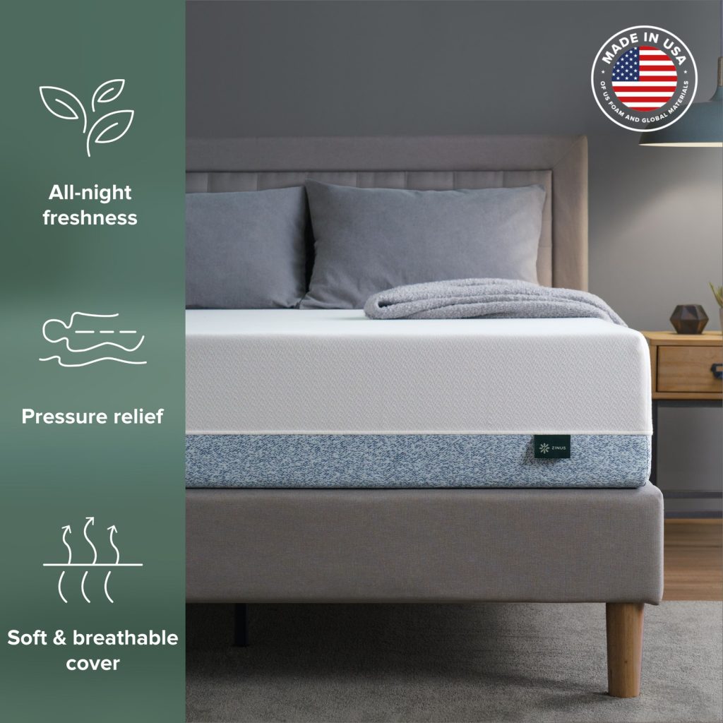 Zinus Original Green Tea mattress benefits graphic noting it is made in the USA